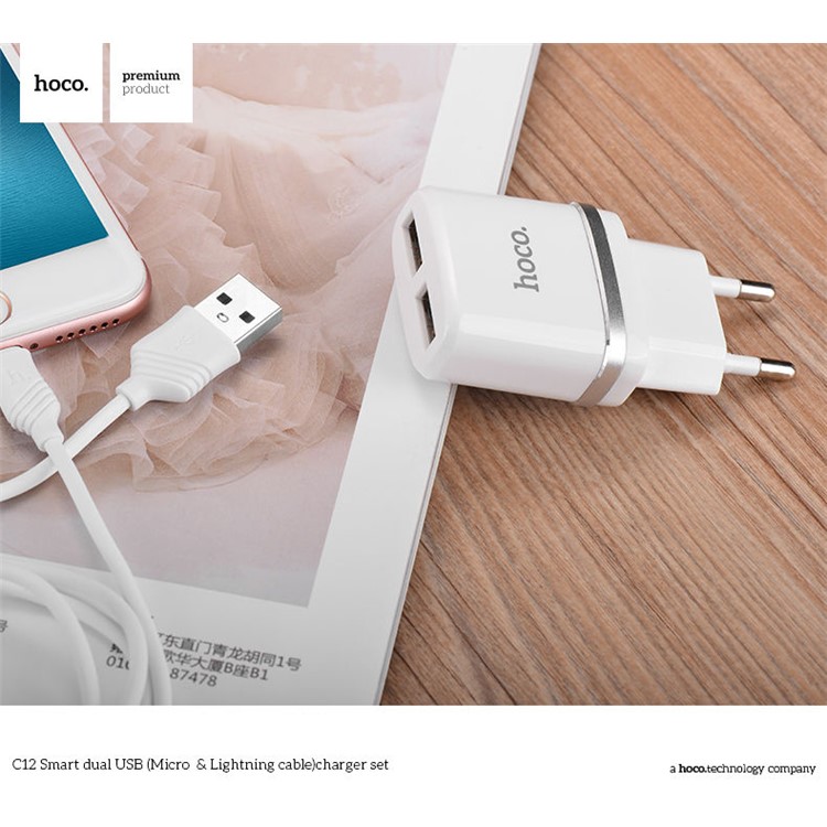 HOCO 2.4A Wall Charger Adapter + Micro USB Cable with Intelligent Charging IC for Samsung Huawei etc - White / EU Plug (C12)-4