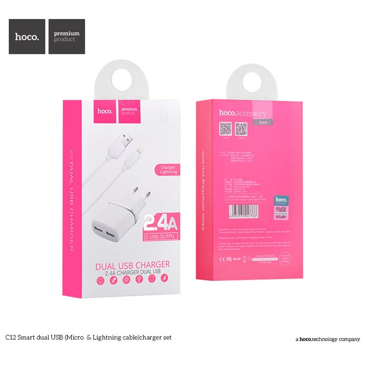 HOCO 2.4A Wall Charger Adapter + Micro USB Cable with Intelligent Charging IC for Samsung Huawei etc - White / EU Plug (C12)-6