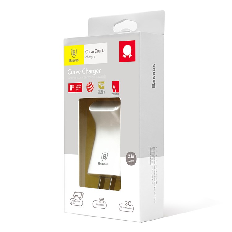 BASEUS Curved Dual USB Port 2.4A Portable Wall Charger for iPhone iPad Samsung Huawei Etc - White / CN Standard-13