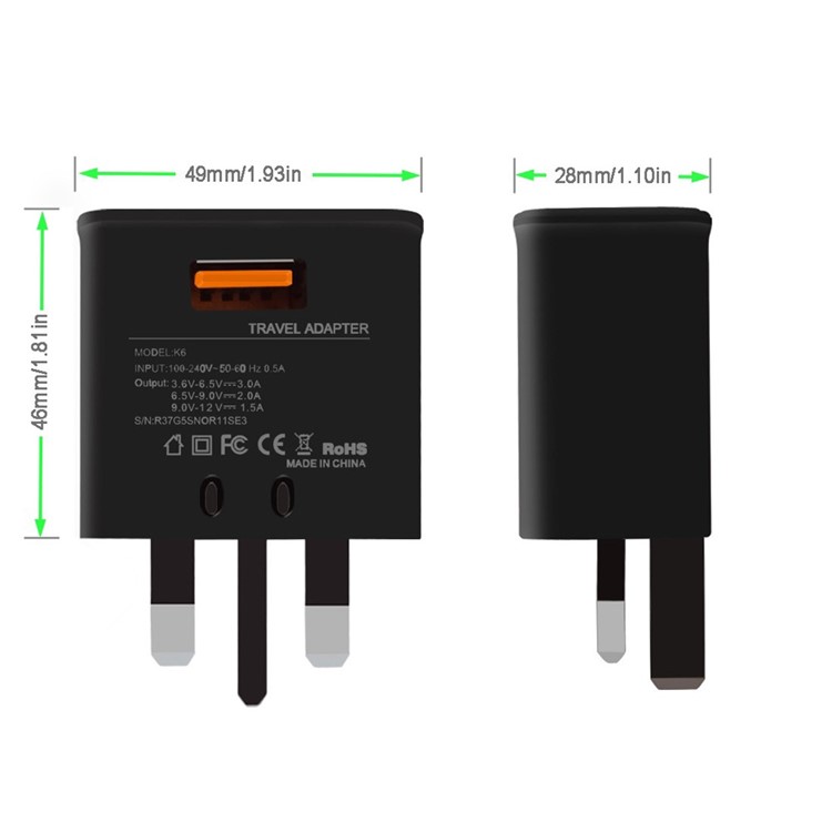 Yolike_K6 QC3.0 USB Wall Travel Charger Adapter - UK Plug-3