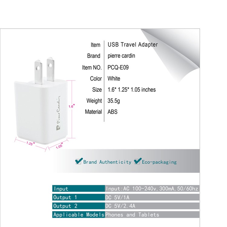 PIERRE CARDIN Dual USB Ports DC 5V Folding Wall Charger for iPhone Samsung LG Etc (PCQ-E08) - White / US Plug-9