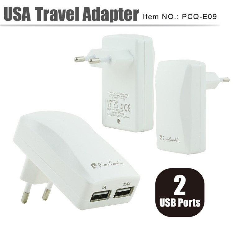 PIERRE CARDIN 2 USB Ports DC 5V Portable Wall Charger for iPhone Samsung LG Etc (PCQ-E09) - White / EU Plug-1