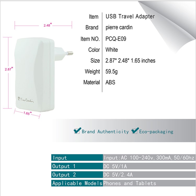 PIERRE CARDIN 2 USB Ports DC 5V Portable Wall Charger for iPhone Samsung LG Etc (PCQ-E09) - White / EU Plug-8