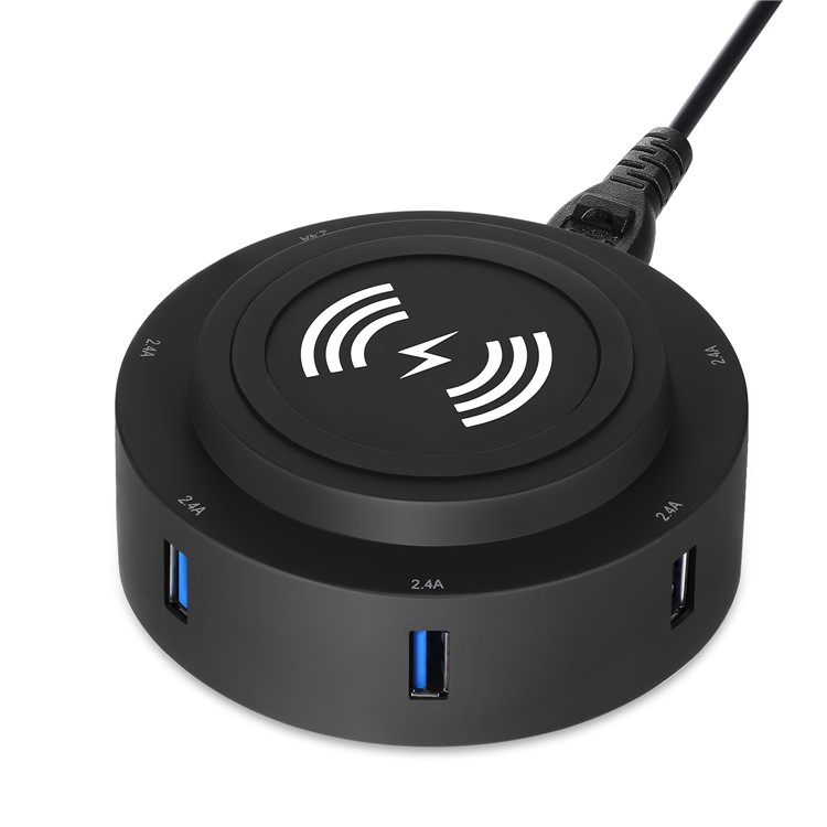 Multi 6-Port 2.4A 30W USB Mobile Charging Station Qi Wireless Charger - Black / US Plug-1