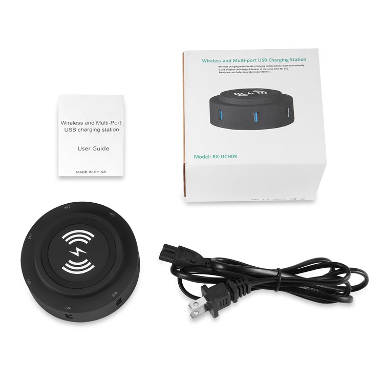 Multi 6-Port 2.4A 30W USB Mobile Charging Station Qi Wireless Charger - Black / US Plug-5