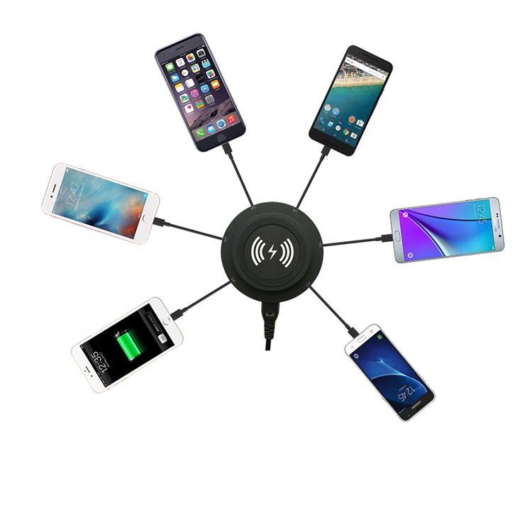 Multi 6-Port 2.4A 30W USB Mobile Charging Station Qi Wireless Charger - Black / US Plug-7