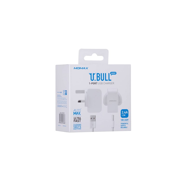 MOMAX 5V /2.4A single Port USB Portable Intelligent Digital Wall Charger - White / UK Plug-12