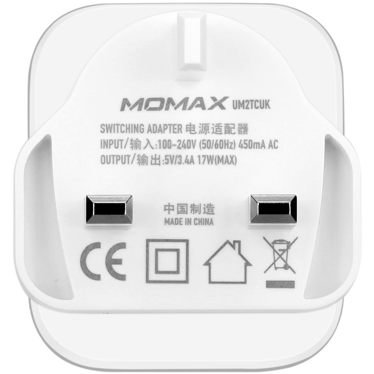 MOMAX 5V 3.4A 2-Port USB Portable Charger - White / UK Plug-3