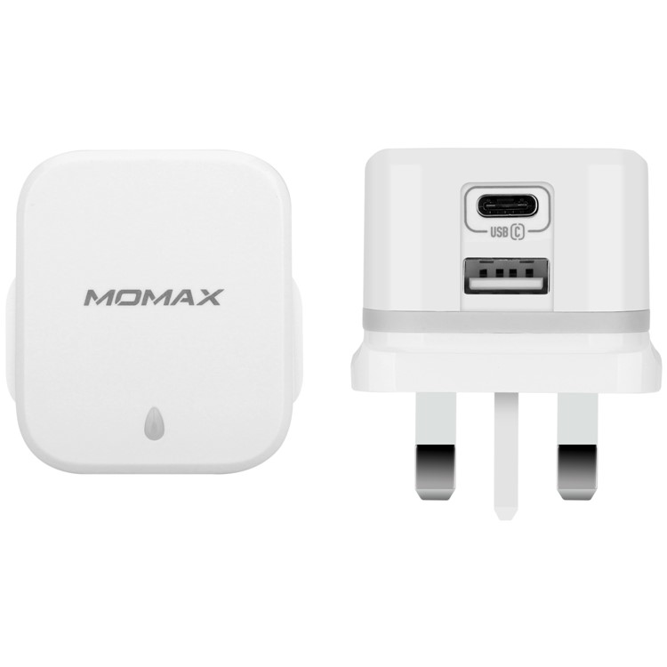 MOMAX 5V 3.4A 2-Port USB Portable Wall Charger with Type-c Port - White / UK Plug-1