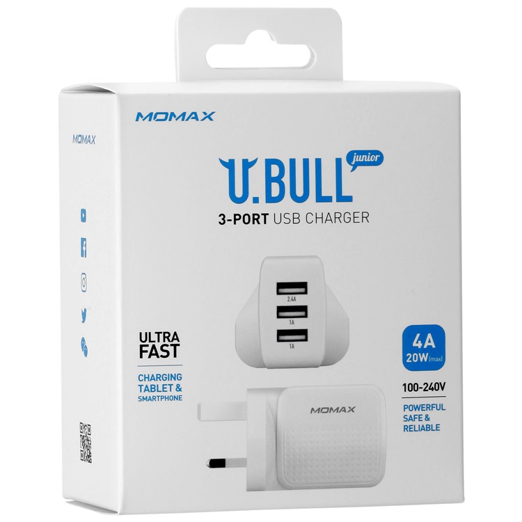 MOMAX 5V /4A 3-Port USB Portable Intelligent Digital Wall Charger - White / UK Plug-11