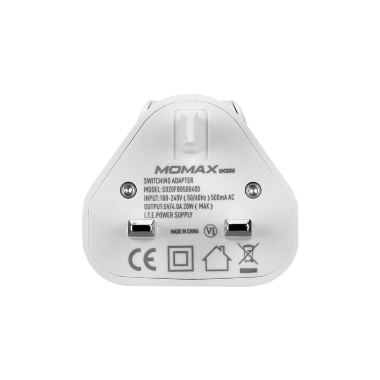 MOMAX 5V /4A 3-Port USB Portable Intelligent Digital Wall Charger - White / UK Plug-2