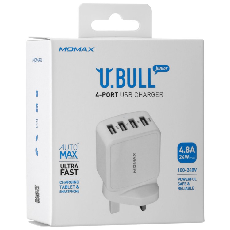 MOMAX 5V /4.8A 4-Port USB Portable Intelligent Digital Wall Charger - White / UK Plug-10
