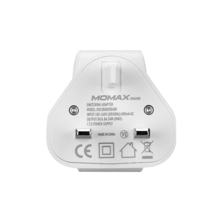 MOMAX 5V /4.8A 4-Port USB Portable Intelligent Digital Wall Charger - White / UK Plug-2