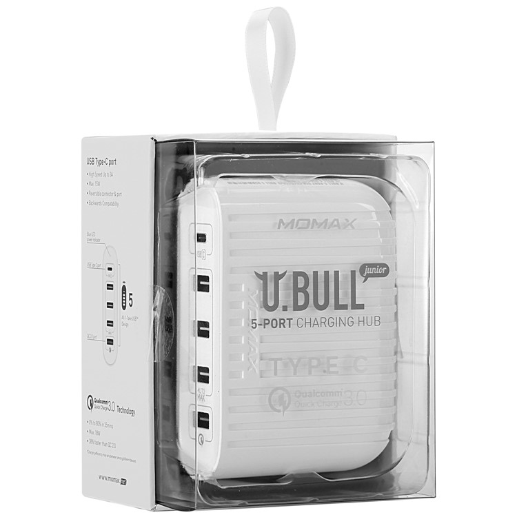 MOMAX U Bull 40W 5-Port USB Travel Charger with Quick Charge 3.0 + Type-C Ports - White / CN Plug-9