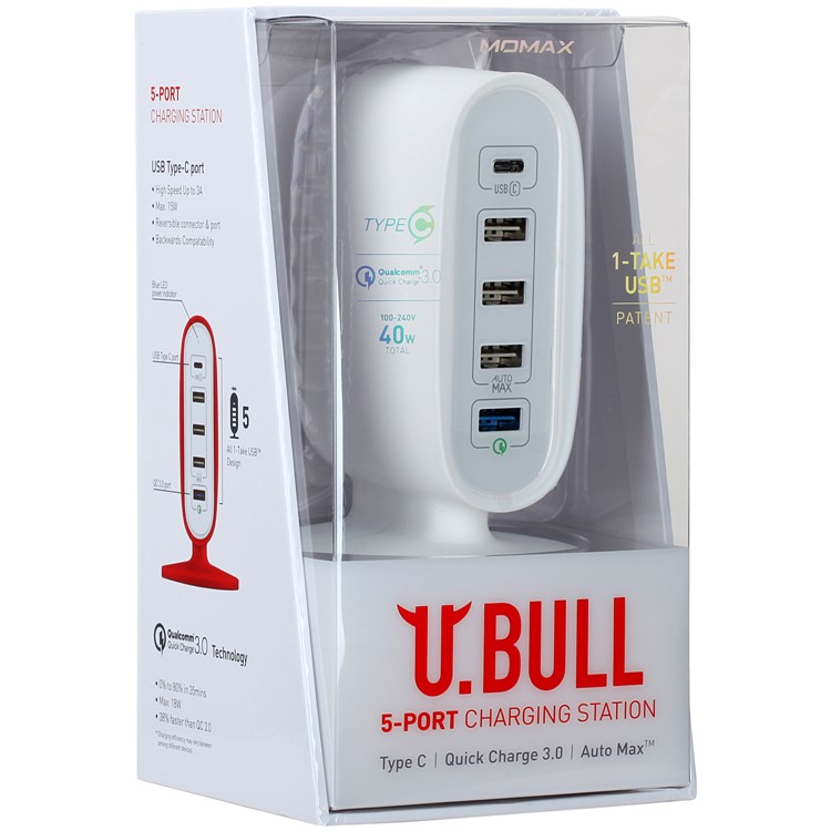 MOMAX U Bull 40W 5-Port USB Charging Station with Quick Charge 3.0 + Type-C Ports - White / UK Plug-13