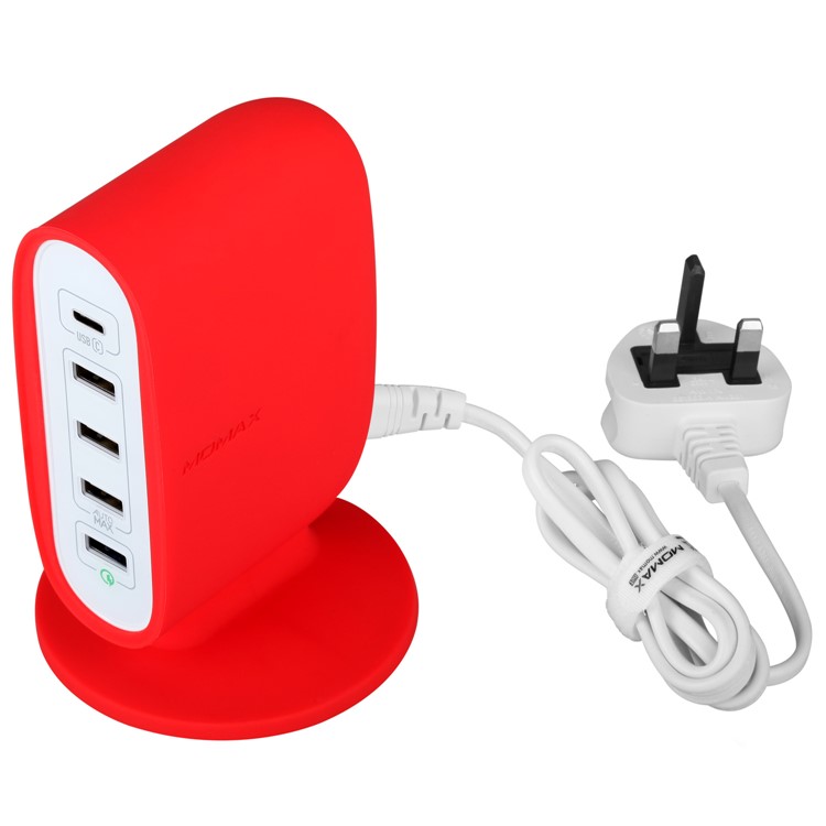 MOMAX U Bull 40W Quick Charge 3.0 + Type-C + 3*USB Ports Desktop Charger for Phones & Tablets - Red / UK Plug-1