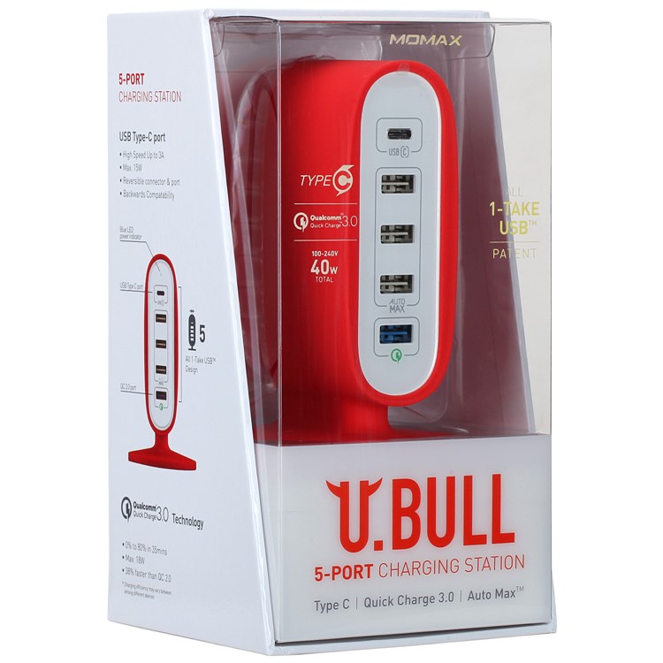 MOMAX U Bull 40W Quick Charge 3.0 + Type-C + 3*USB Ports Desktop Charger for Phones & Tablets - Red / UK Plug-13