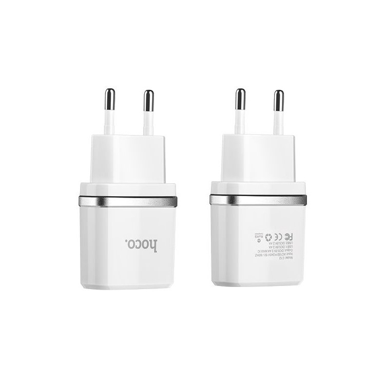 HOCO C12 5V / 2.4A Dual USB Charger Wall Adapter for iPhone iPad Samsung - White / EU Plug-2