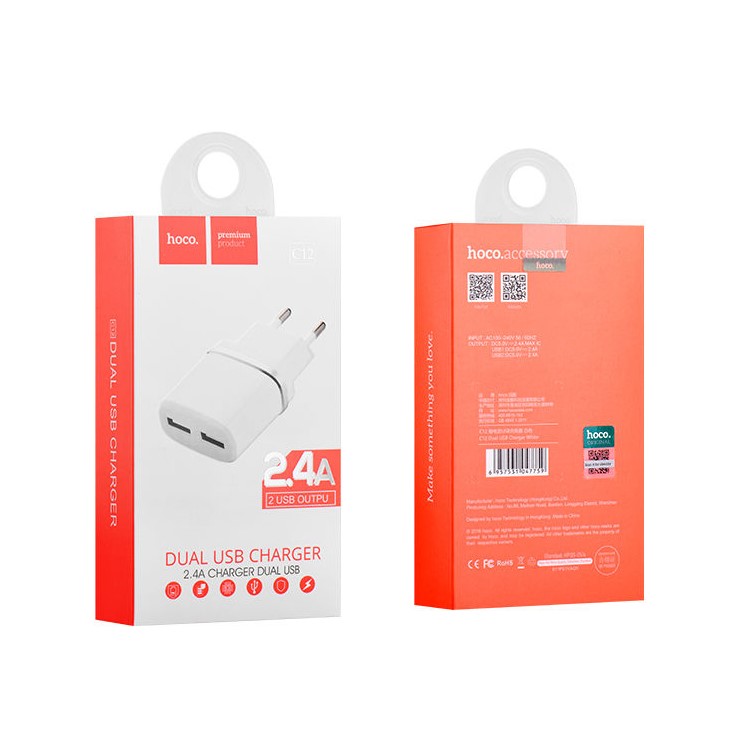 HOCO C12 5V / 2.4A Dual USB Charger Wall Adapter for iPhone iPad Samsung - White / EU Plug-5