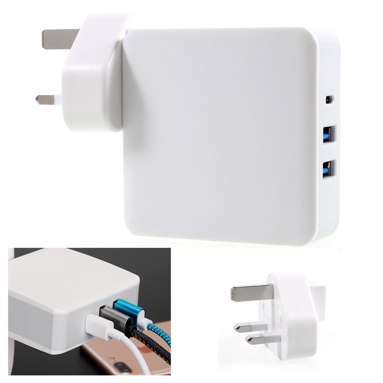Dual USB + Type-C Wall Travel Charger Support PD + QC3.0 (CE/FCC/RoHS) - White/UK Plug-1