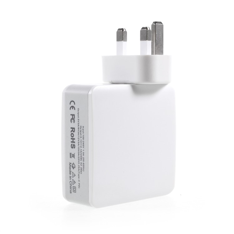 Dual USB + Type-C Wall Travel Charger Support PD + QC3.0 (CE/FCC/RoHS) - White/UK Plug-2