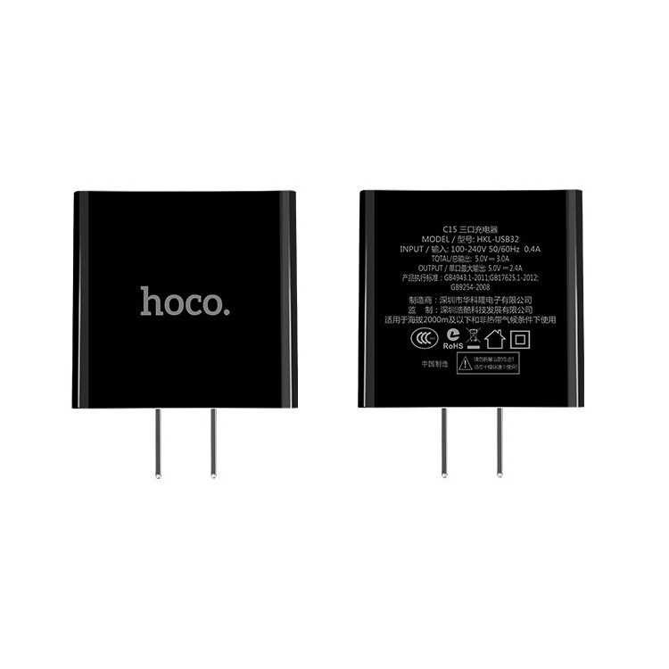 HOCO C15 Digital LED Voltage Tri-USB Ports Wall Travel Charger for iPhone iPad Samsung Sony - Black/CN Standard Plug-2