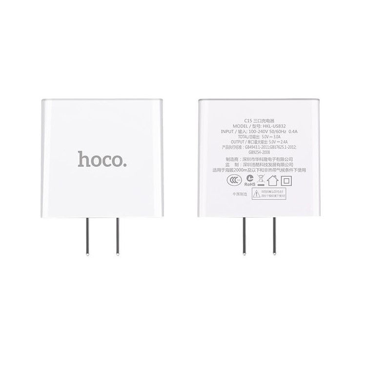 HOCO C15 3A Digital LED Voltage 3 USB Ports Wall Travel Charger for iPhone iPad Samsung Sony - White/CN Standard Plug-2