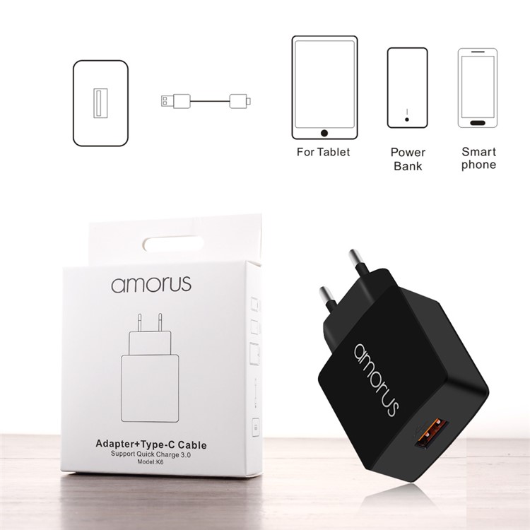 AMORUS K6 Quick Charge QC3.0 Adapter + Micro USB Cable Charger Kit for Samsung S7 / LG G4 Etc - EU Plug-10