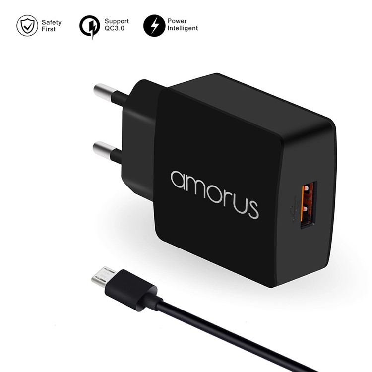 AMORUS K6 Quick Charge QC3.0 Adapter + Micro USB Cable Charger Kit for Samsung S7 / LG G4 Etc - EU Plug-2