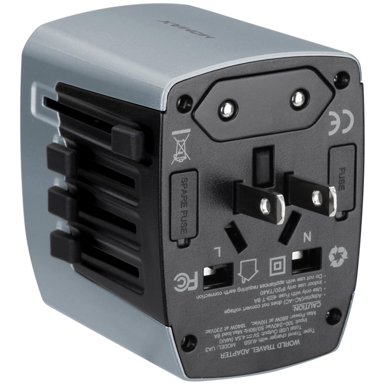 MOMAX 1-World 4 USB AC Travel Adapter Worldwide Travel Charger for Phones and Tablets - Grey-10