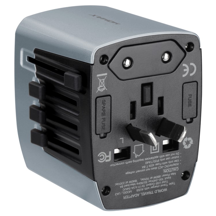 MOMAX 1-World 4 USB AC Travel Adapter Worldwide Travel Charger for Phones and Tablets - Grey-11