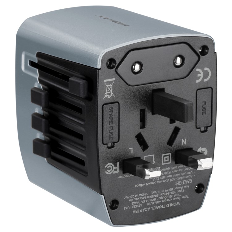 MOMAX 1-World 4 USB AC Travel Adapter Worldwide Travel Charger for Phones and Tablets - Grey-12