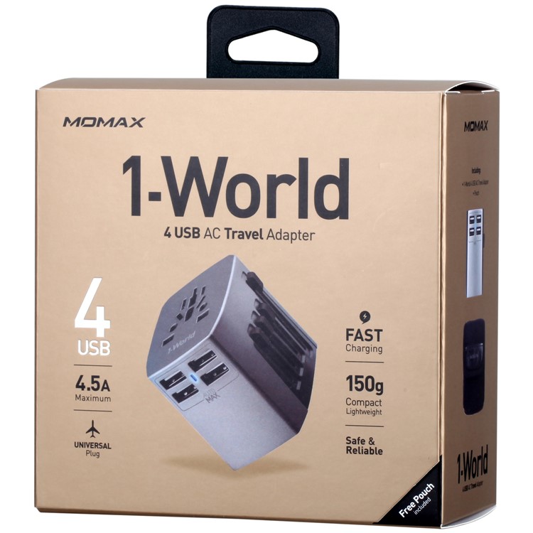 MOMAX 1-World 4 USB AC Travel Adapter Worldwide Travel Charger for Phones and Tablets - Grey-15