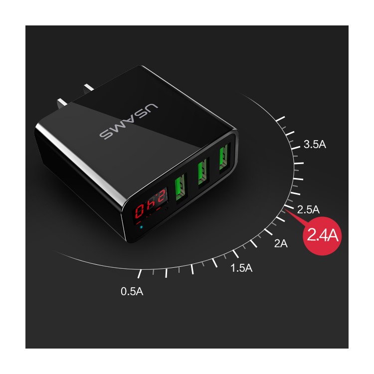 USAMS US-CC034 3 Port USB Travel Charger with Digital Display Screen for iPhone Samsung HTC Etc. - CN Plug/Black-6