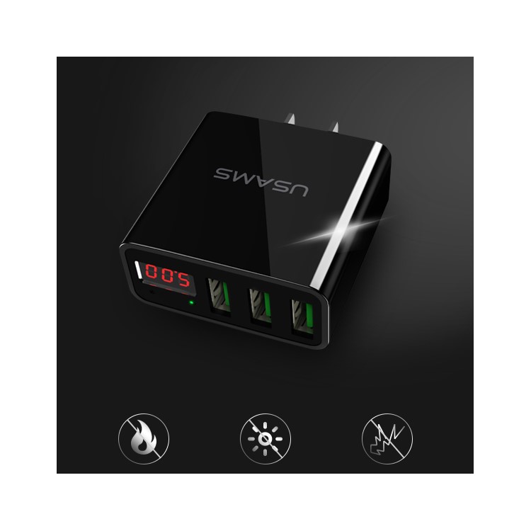 USAMS US-CC034 3 Port USB Travel Charger with Digital Display Screen for iPhone Samsung HTC Etc. - CN Plug/Black-7
