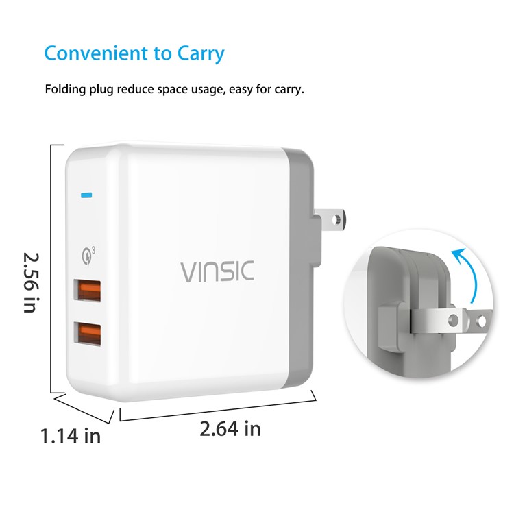 VINSIC 2-Port QC3.0 Adaptador para carregador de viagem para parede (36W) - US vela / branco-10