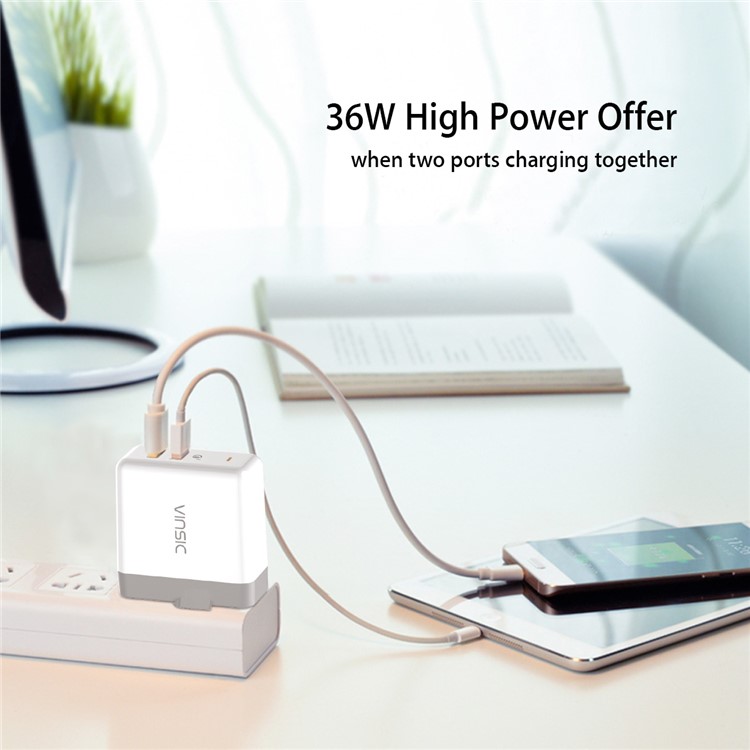 VINSIC 2-Port QC3.0 Adaptador para carregador de viagem para parede (36W) - US vela / branco-11