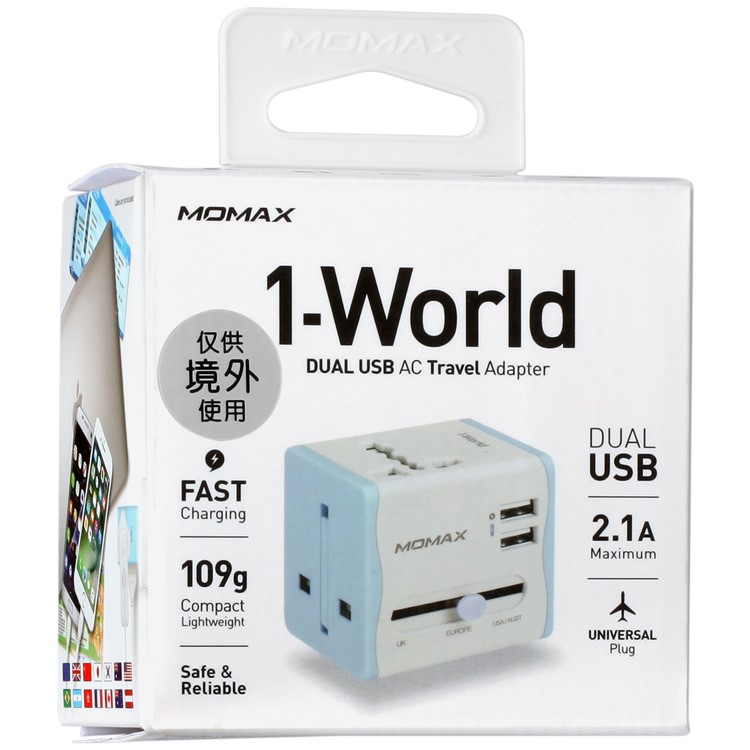 MOMAX 2.1A Dual USB Universal Travel Wall Charger Power Adapter Converter AU/UK/US/EU Plug - White-18