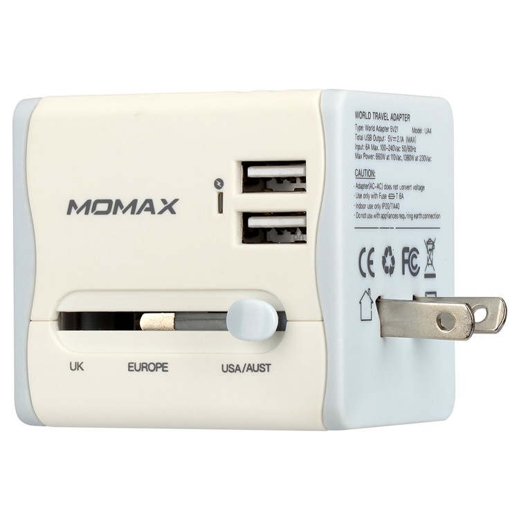 MOMAX 2.1A Dual USB Universal Travel Wall Charger Power Adapter Converter AU/UK/US/EU Plug - White-8