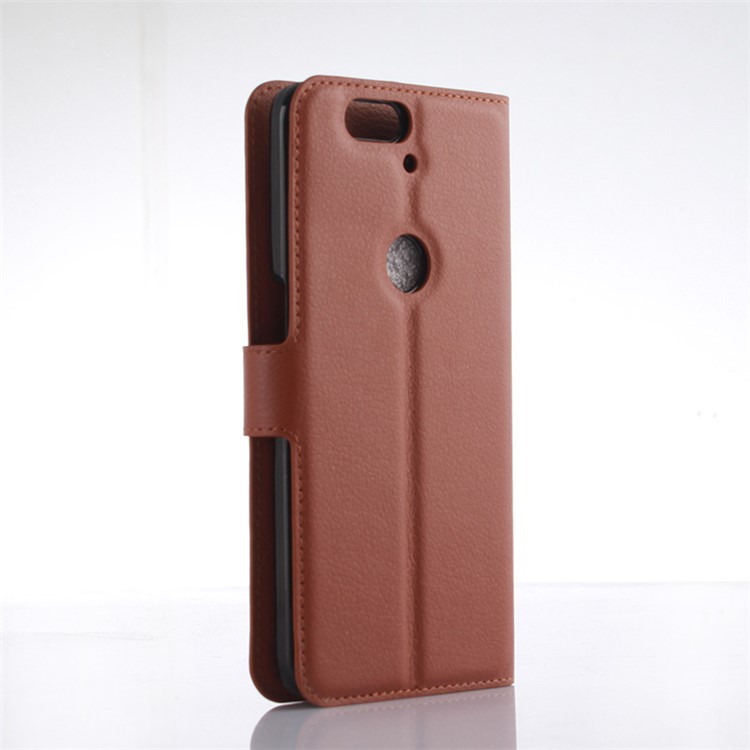 Lychee Skin Faux Leather Wallet Stand Cover for Huawei Nexus 6P - Brown-2
