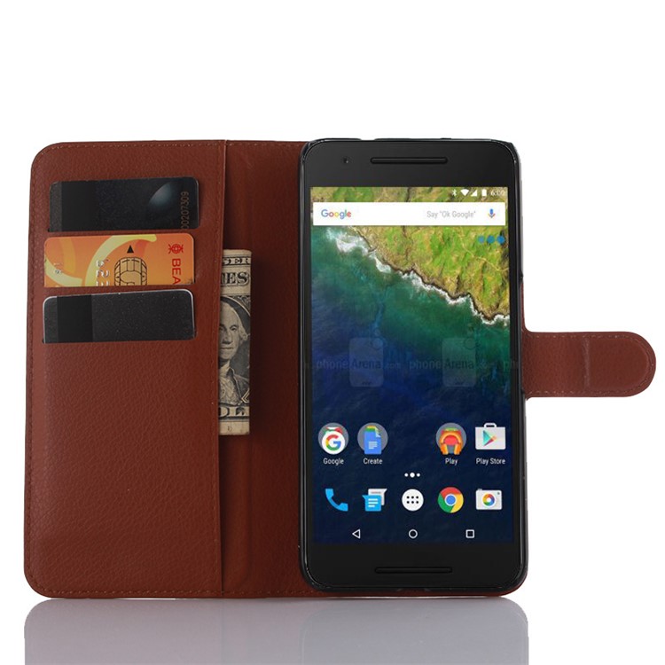Lychee Skin Faux Leather Wallet Stand Cover for Huawei Nexus 6P - Brown-3