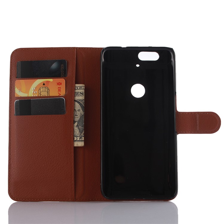 Lychee Skin Faux Leather Wallet Stand Cover for Huawei Nexus 6P - Brown-4
