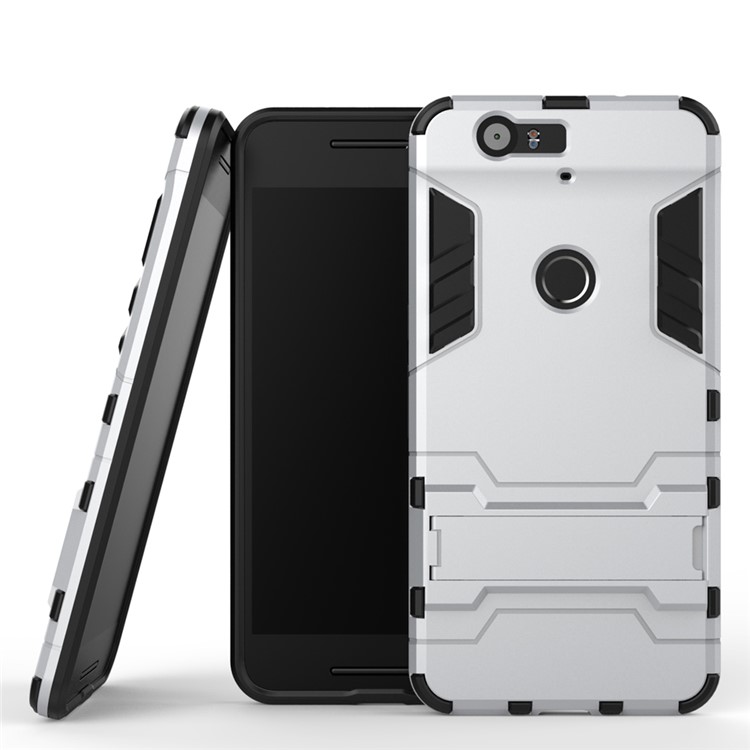 Kickstand Plastic + TPU Hybrid Case Cover for Huawei Nexus 6P - Silver-1