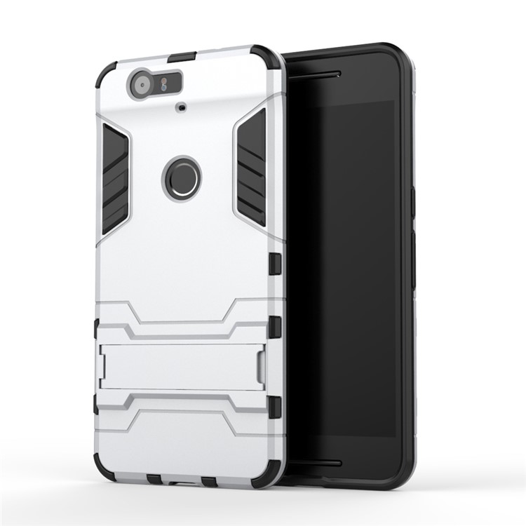 Kickstand Plastic + TPU Hybrid Case Cover for Huawei Nexus 6P - Silver-2