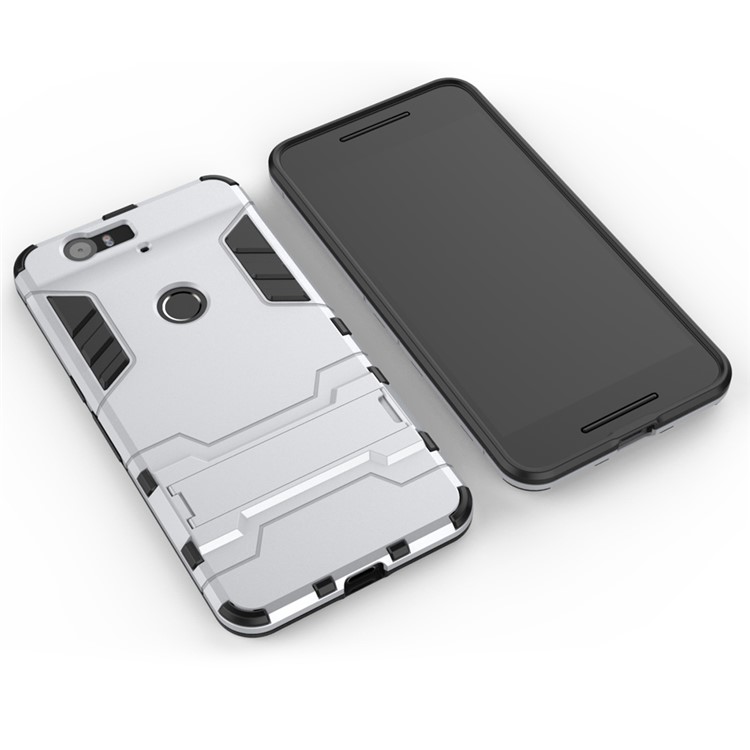 Kickstand Plastic + TPU Hybrid Case Cover for Huawei Nexus 6P - Silver-6