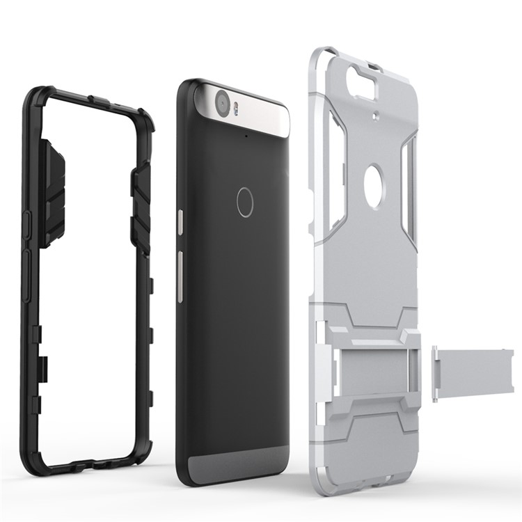 Kickstand Plastic + TPU Hybrid Case Cover for Huawei Nexus 6P - Silver-7