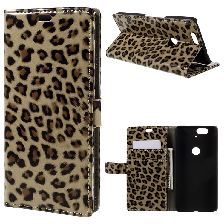 Glossy Leopard Wallet Leather Case Cover for Huawei Nexus 6P with Stand-1