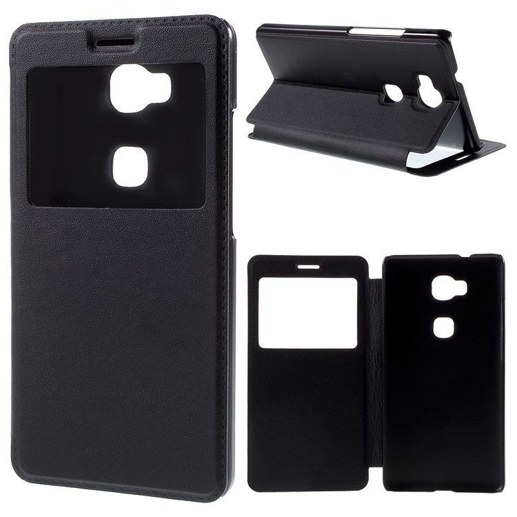 Window View Leather Stand Case for Huawei Honor Play 5X / Honor 5X - Black-1