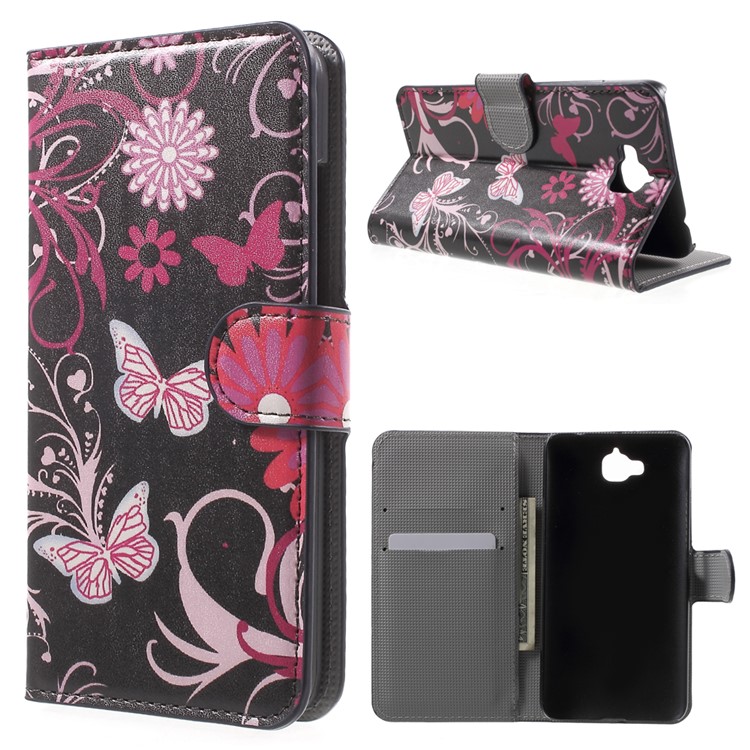 Wallet Leather Stand Case Cover for Huawei Y6 Pro / Enjoy 5 - Butterfly Flowers-1