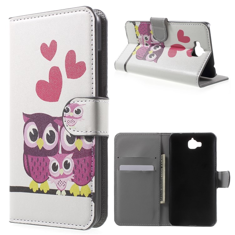 PU Leather Cover with Stand for Huawei Y6 Pro / Enjoy 5 - Lovely Owls and Hearts-1